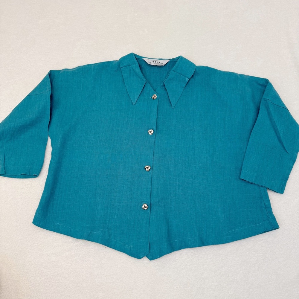 Itemz Chris Baumgartner Linen Button Up Shirt Womens OS‎ Teal Lagenlook